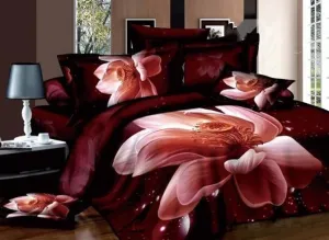 3D Lifelike Pink Lotus Printed Cotton Luxury 4-Piece Bedding Sets Duvet Cover