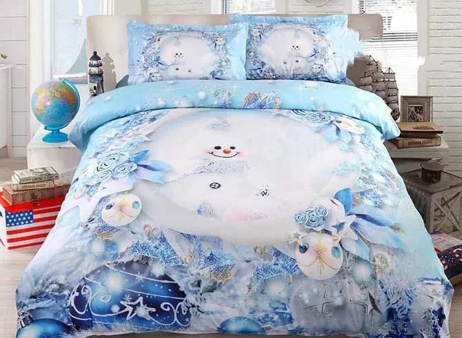 3D Snowman and Christmas Ornaments Printed Cotton Luxury 4-Piece Bedding Sets/Duvet Covers