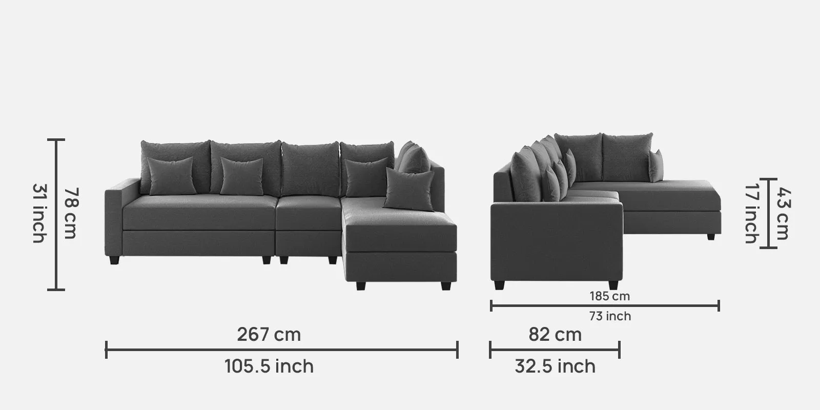 Ginny Fabric LHS Sectional Sofa (3 Lounger) Charcoal Grey Colour