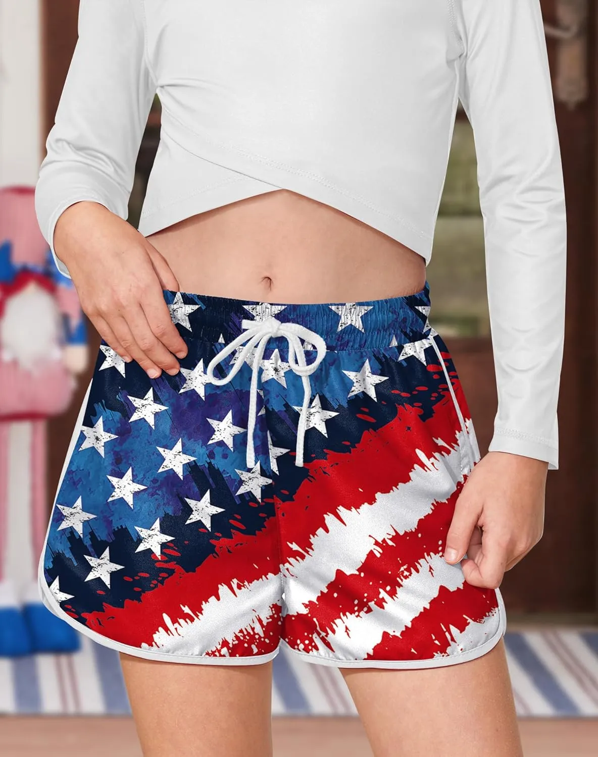 Girls 4th of July Summer Elastic Waist Beach Swim Shorts Quick Dry American Flag Swim Trunks with Pockets 5-14 Years