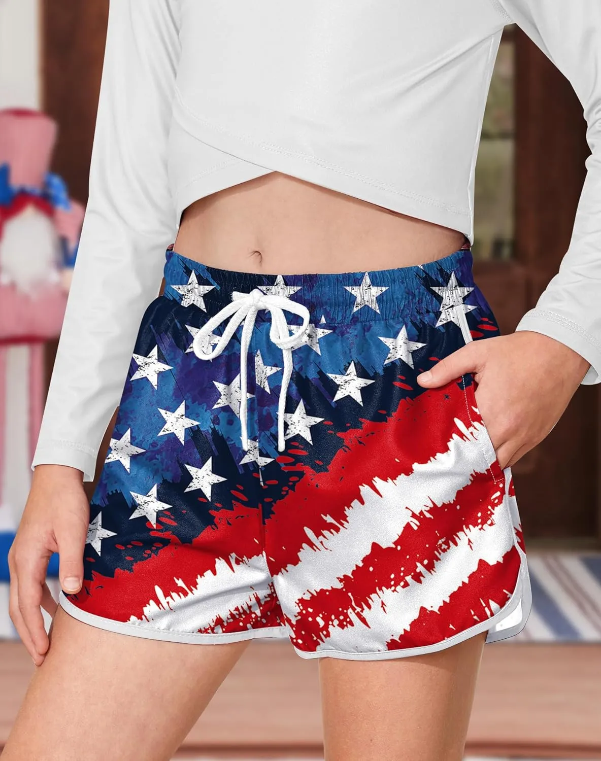 Girls 4th of July Summer Elastic Waist Beach Swim Shorts Quick Dry American Flag Swim Trunks with Pockets 5-14 Years