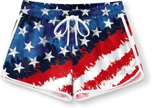 Girls 4th of July Summer Elastic Waist Beach Swim Shorts Quick Dry American Flag Swim Trunks with Pockets 5-14 Years
