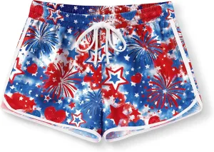 Girls 4th of July Summer Elastic Waist Beach Swim Shorts Quick Dry American Flag Swim Trunks with Pockets 5-14 Years