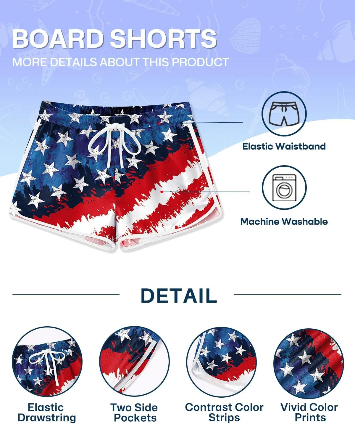 Girls 4th of July Summer Elastic Waist Beach Swim Shorts Quick Dry American Flag Swim Trunks with Pockets 5-14 Years