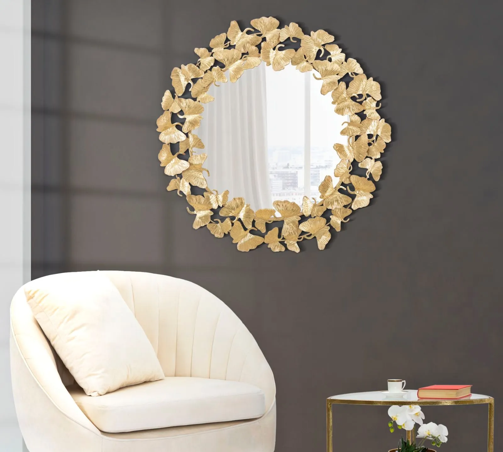 Golden Metal Leaf Round Wall Mirror