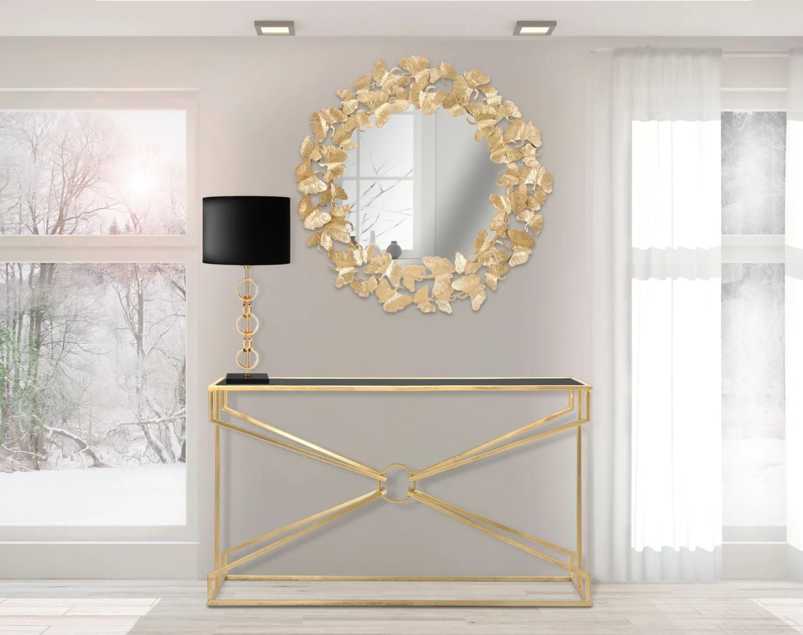 Golden Metal Leaf Round Wall Mirror
