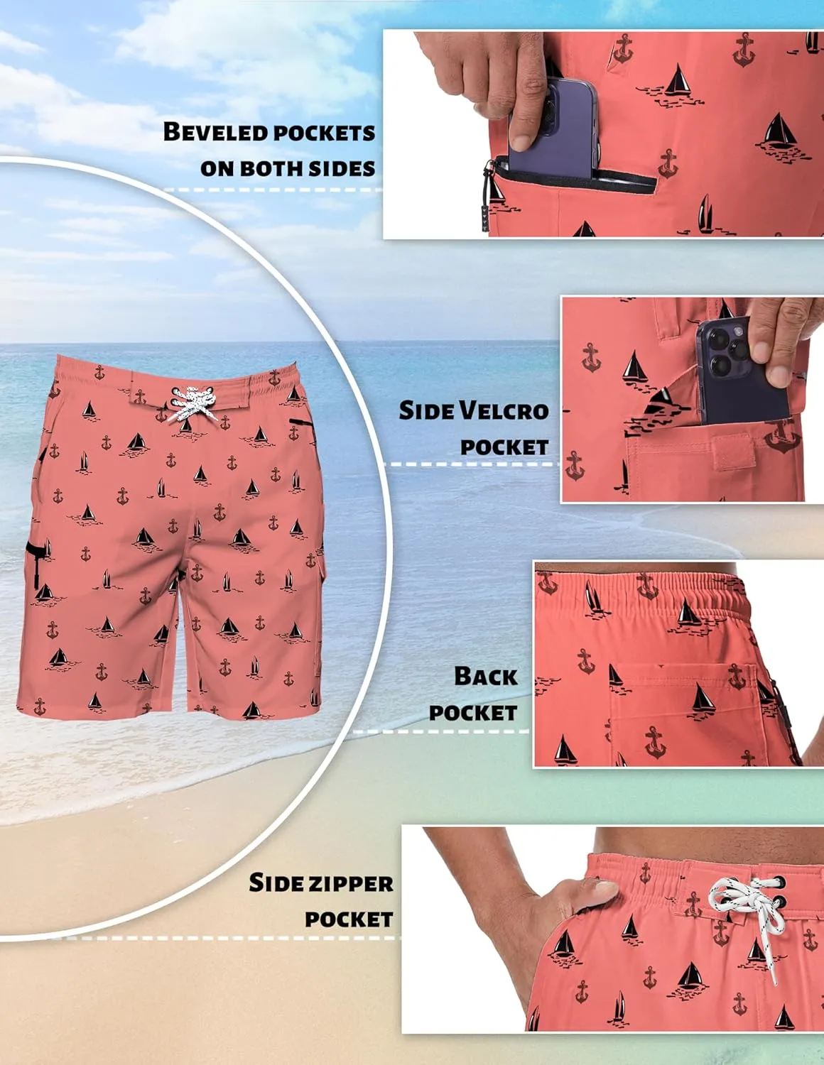 Mens Swim Trunks with Mesh Liner Board Shorts Quick Dry Bathing Suit Hawaii Swimwear for Men Long Shorts with Zipper
