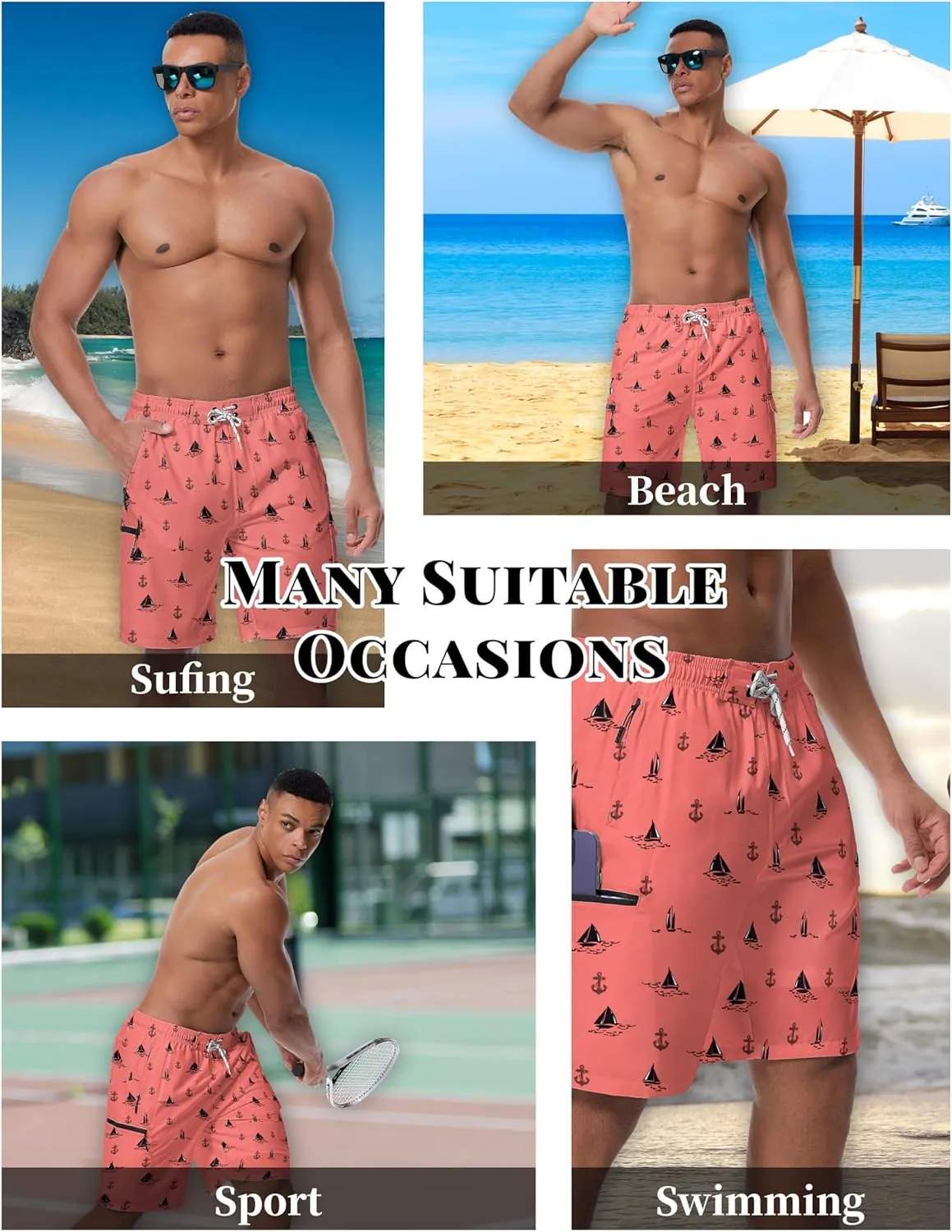 Mens Swim Trunks with Mesh Liner Board Shorts Quick Dry Bathing Suit Hawaii Swimwear for Men Long Shorts with Zipper