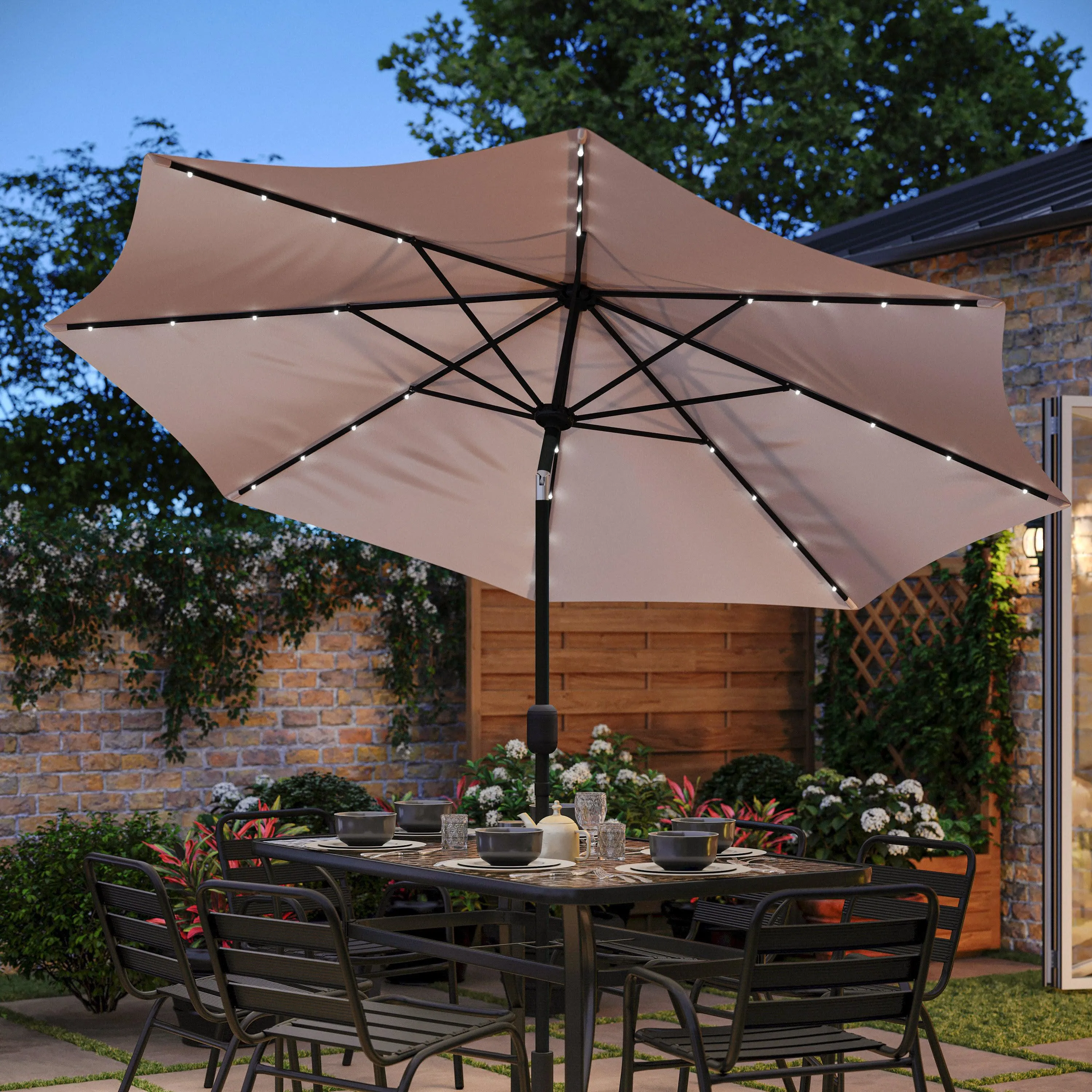 Montego Commercial Grade 9ft Round Solar LED Umbrella with Crank Lift and Tilt Function