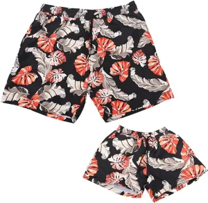 OMZIN Father and Son Swim Trunks Drawstring Elastic Waist Beach Shorts with Pockets