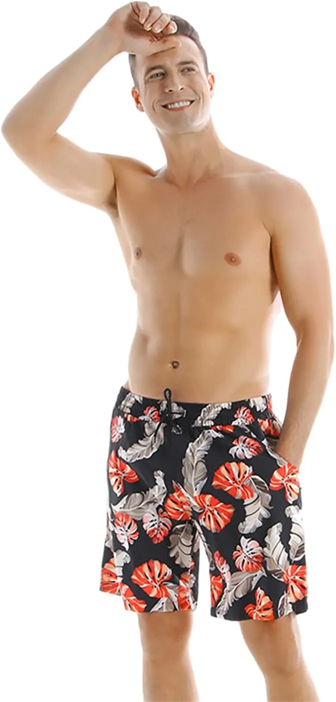 OMZIN Father and Son Swim Trunks Drawstring Elastic Waist Beach Shorts with Pockets