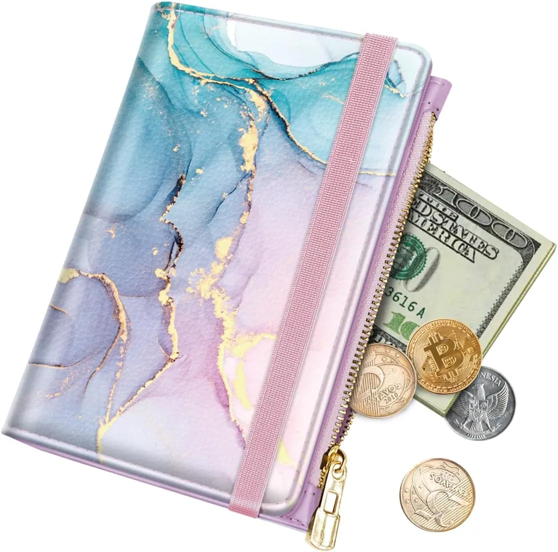 Passport Holder Cover with Zipper Coin Pocket Travel Wallet RFID Blocking Leather Passport Cover Credit Card Holder for Women, Gradient Marble