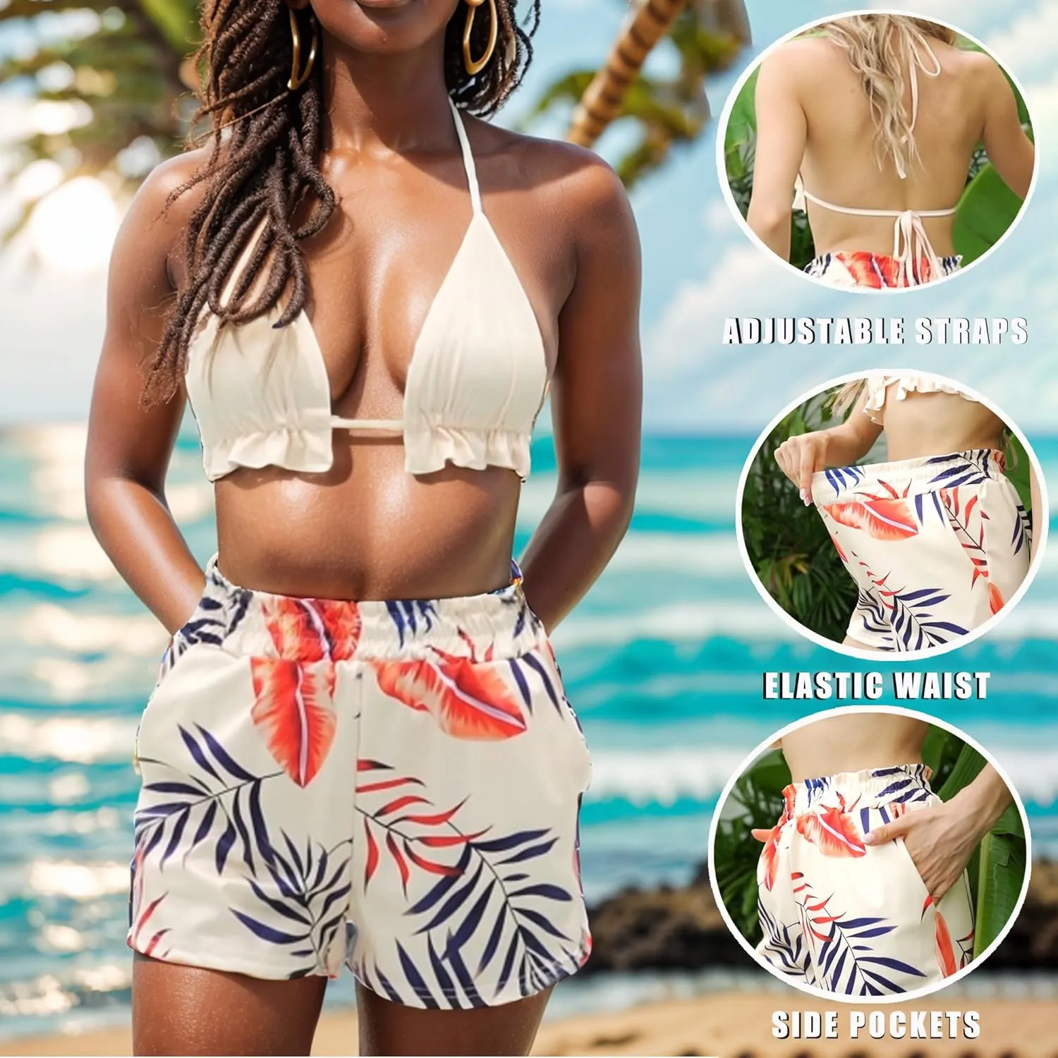 UOUA 3 Piece Swimsuits for Women Hawaiian Outfits Floral Tropical Bikini & Short Sets Summer Beach Sexy Cover Ups Luau Party